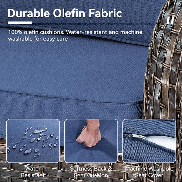 Rotavia Brown 5-Piece Wicker Patio Conversation Set with Swivel Rockers, Outdoor Sofa Seating Set with Blue Cushions