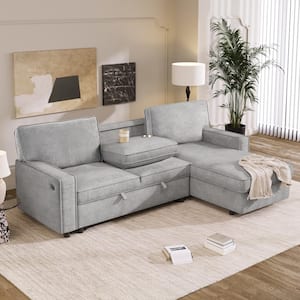Multi-Functional 89 in. Gray Pull-out Twin Size Polyester Sofa Bed with USB Charging, 2 Cup Holders, Hidden Storage