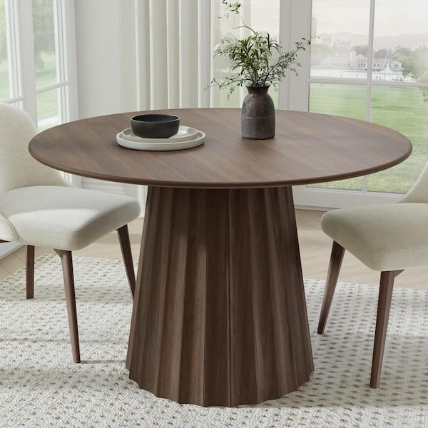 Lirago Round Walnut Wood 46 in. Column Base Dining Table Seats 4