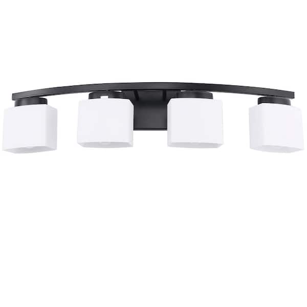 33.5 In. 4-Light Black Modern Square Vanity Light with Curved Arms and Milk White Glass Shades for Bathroom or Bedroom