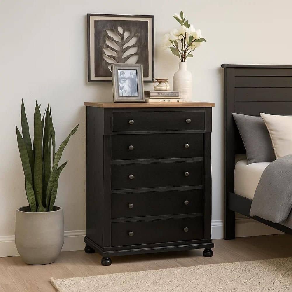 black brown dresser Benjara Huder Wide Dresser, 9 Drawers, Dark Walnut Brown Solid Wood, Black