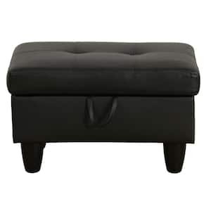 Wood Frame Modern Faux Leather Outdoor Ottoman with Cushion Storage Tufted Design Small Foot Rest, Black