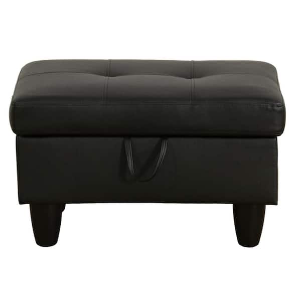 Unbranded Wood Frame Modern Faux Leather Outdoor Ottoman with Cushion Storage Tufted Design Small Foot Rest, Black
