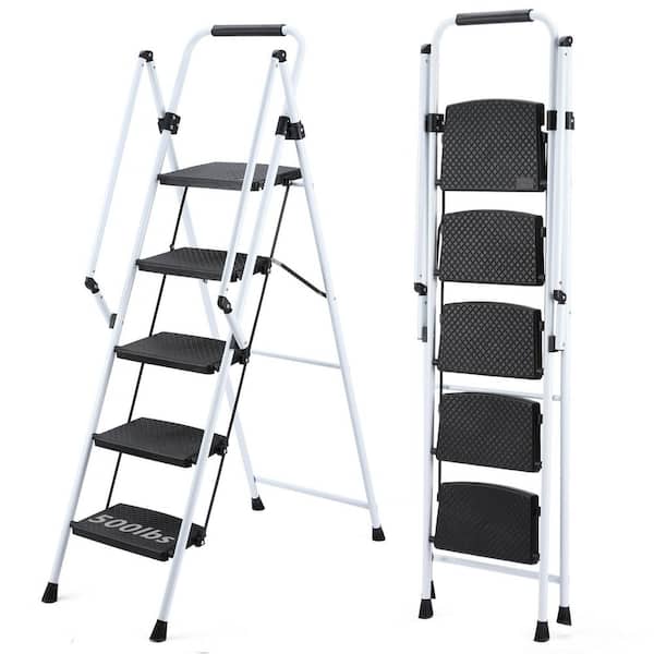 5-Step Carbon Steel Folding Step Ladder (9 ft. Reach), 500 lb. Load Capacity, with Anti Slip Wide Pedals and Handle