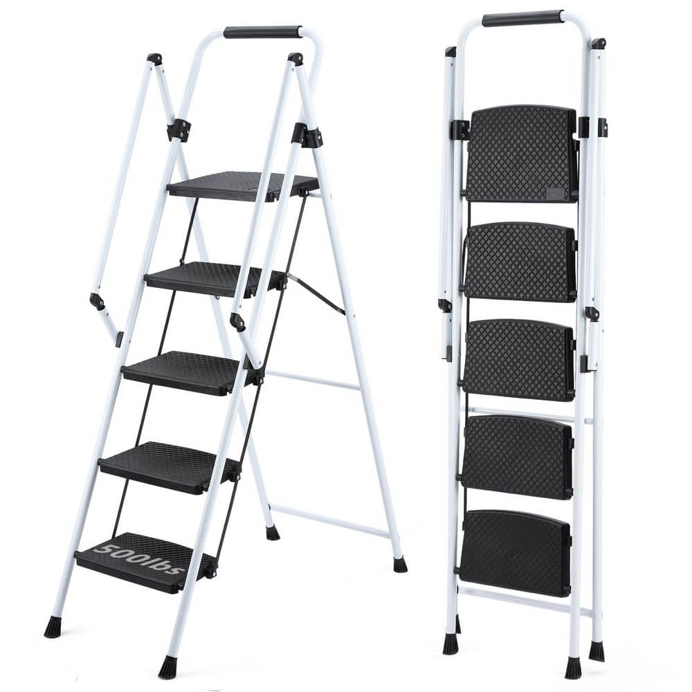 WRIGHTMASTER 5.2 ft. Carbon Steel Portable Step Ladder (9 ft. Reach), 300 lb. Load Capacity for Family, Kitchen, Office Elevator
