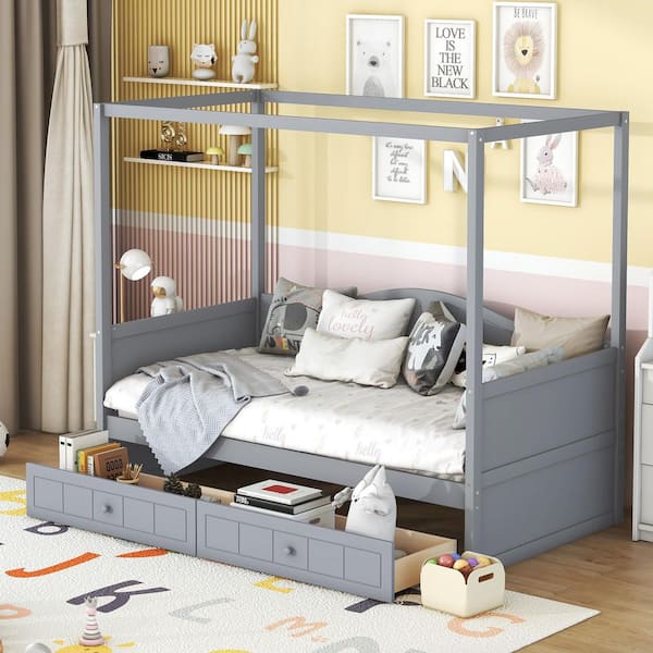Polibi Gray Wood Frame Twin Size Canopy Bed with 2-Drawers RS35