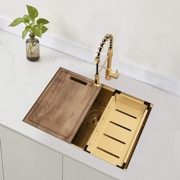 Glacier Bay 27 in. Undermount Single Bowl 18-Gauge Gold Stainless