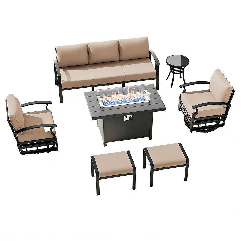 7-Piece Aluminum Patio Conversation Set with 2 Swivel Rocking Chairs, 2 Ottomans, a Fire Pit Table and Khaki Cushions price history on PriceWatchPro