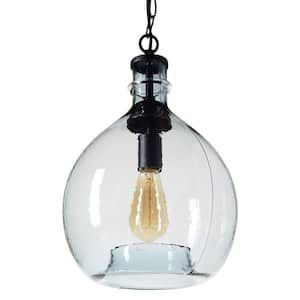 17 in. H and 11 in. W 1-Light Black Wavy Hammered Hand Blown Glass Pendant with Blue Glass Shade