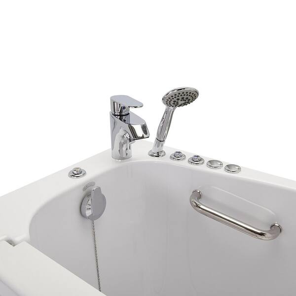 Mobile 45 in. Walk-In Soaking Bathtub in White with Left Outward Swing Door, Heated Seat, Faucet, LHS 2 in. Dual Drain Mobile 45 in. Walk-In Soaking Bathtub in White with Left Outward Swing Door, Heated Seat, Faucet, LHS 2 in. Dual Drain