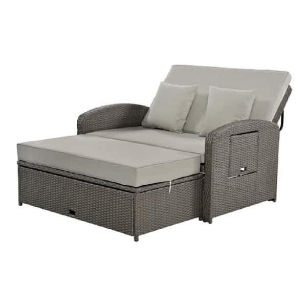 2-Person Gray PE Wicker Outdoor Reclining Day Bed with Gray Cushions, Adjustable Back and Storage Footrest