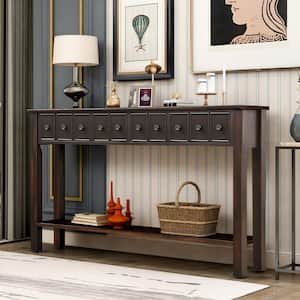 60 in. Black Rustic Standard Rectangle Wood Console Table with 2 Different Size Drawers and Shelf for Storage