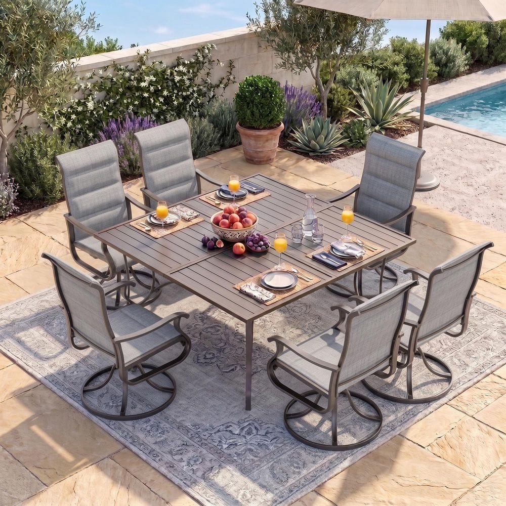 Black 7-Piece Padded Textilene and Iron Metal Outdoor Dining Set, 6-Swivel Chairs and Square Dining Table price history on PriceWatchPro