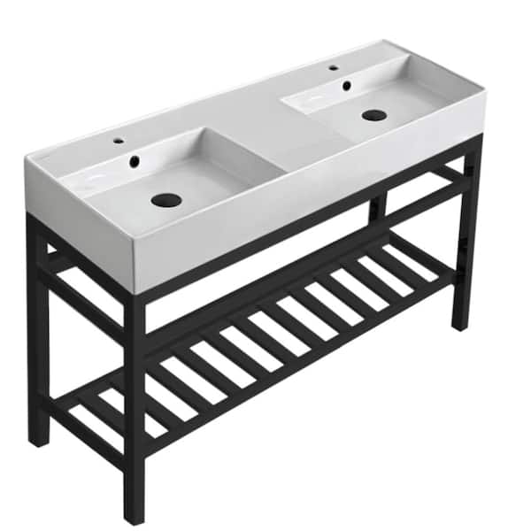 Nameeks Teorema 2-Ceramic White Console Double Sink and Leg Combo in Matte Black