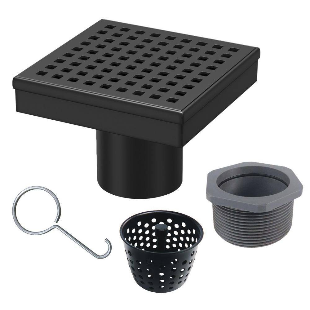 RELN 4 in. x 4 in. Matte Black Square Shower Drain with Square Pattern Drain Cover