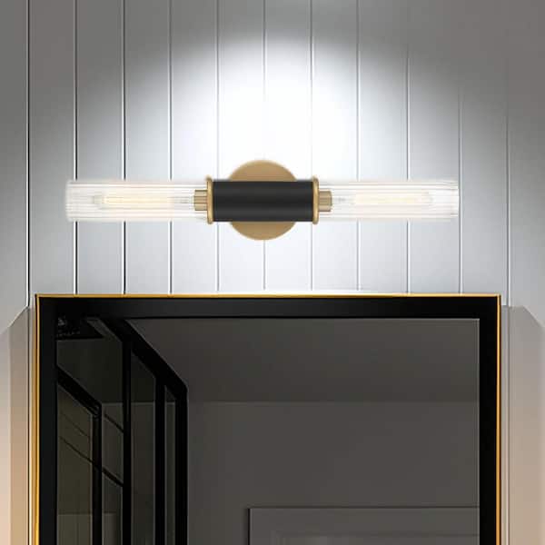 Stamford 2-Light Matte Black and Legacy Brass Wall Sconce with Clear Ribbed Glass Shades