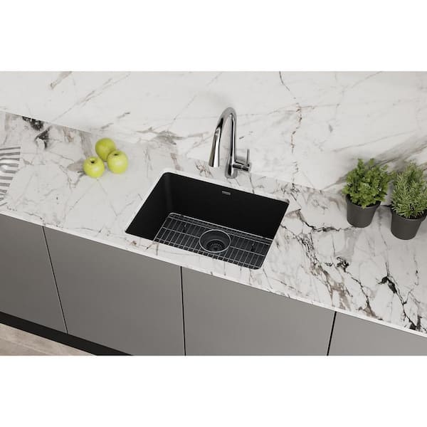 Quartz Classic 25 in. Undermount Single Bowl Black Granite/Quartz Composite Kitchen Sink Kit w/ Accessories