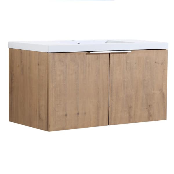 SCHAT 18 in. W x 35 in. D x 19 in. H Wall mount Bath Vanity in Imitative Oak with Strong handle and White Ceramic Top
