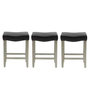 Jameson 24 in. Counter Height Antique Gray Wood Backless Nailhead Barstool with Faux Leather Saddle Seat (Set of 3)