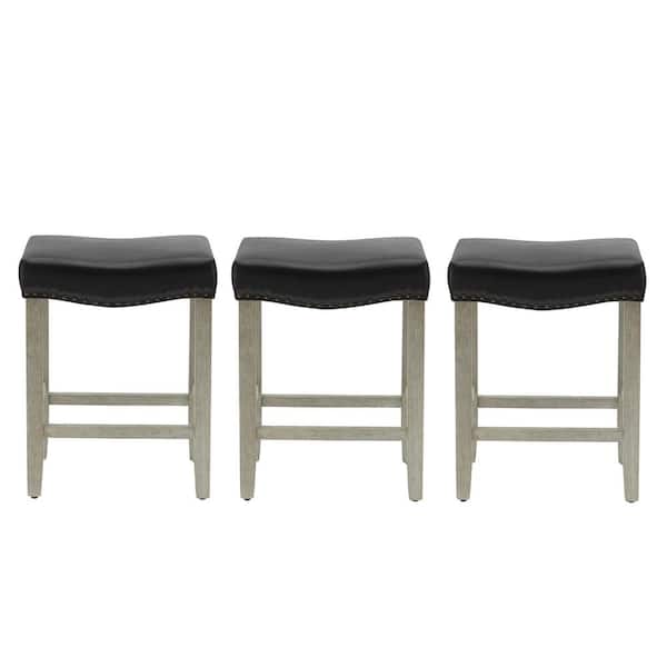 WESTINFURNITURE Jameson 24 in. Counter Height Antique Gray Wood Backless Nailhead Barstool with Faux Leather Saddle Seat (Set of 3)
