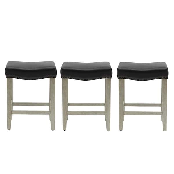 Jameson 24 in. Counter Height Antique Gray Wood Backless Nailhead Barstool with Faux Leather Saddle Seat (Set of 3)