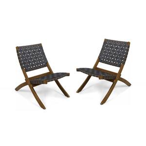 2-Piece Gray Acacia Wood Straps Woven Decoration Outdoor Foldable Chairs in Brown