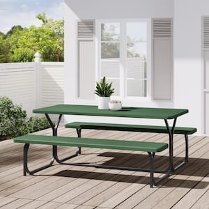 6ft. Green Heavy Duty Outdoor Picnic Table and Bench Resin Tabletop and Stable Steel Frame with Umbrella Hole