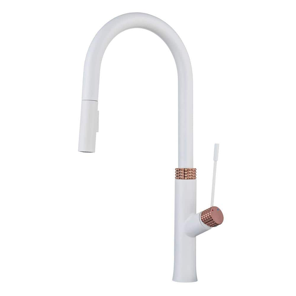 FLG Single Handle Pull Down Sprayer Kitchen Faucet With Advanced Spray   White Pull Down Kitchen Faucets Kk 0208 Wh 64 1000 