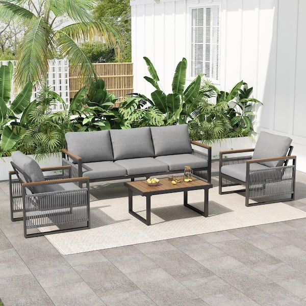 4-Piece Outdoor Metal Patio Set, 5-Seat Sofa with Cushion, Modern Deep Seating, Grey & Natural