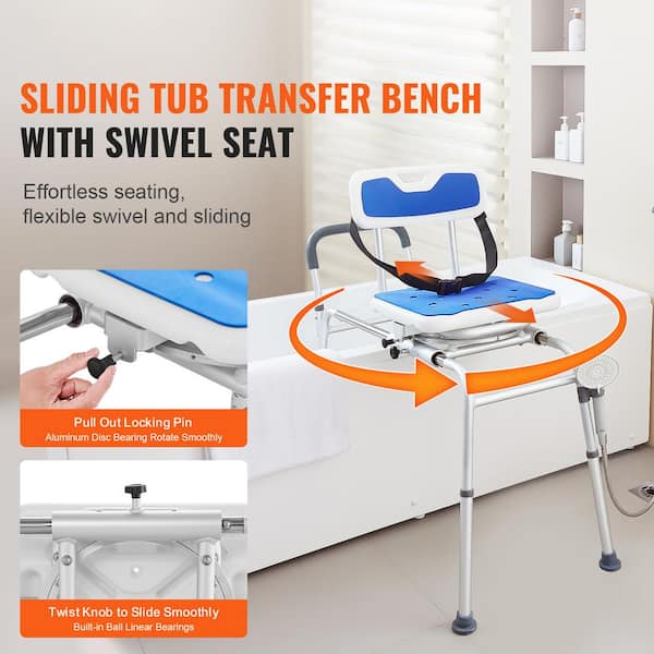 Sliding Tub Transfer Bench, 20.87 in. Freestanding 360° Swivel Seat, Adjustable, Armrest, Safety Belt, in Blue