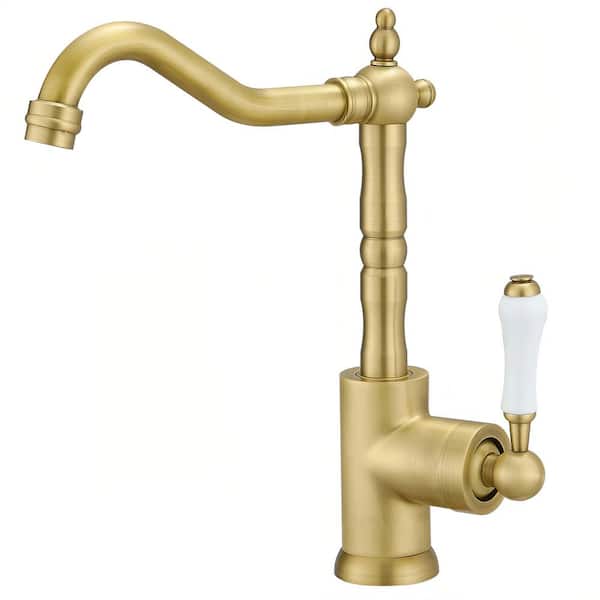 Solid Brass Single Handle High-Arc Standard Kitchen Faucet with Ceramic Handle in Antique Brass