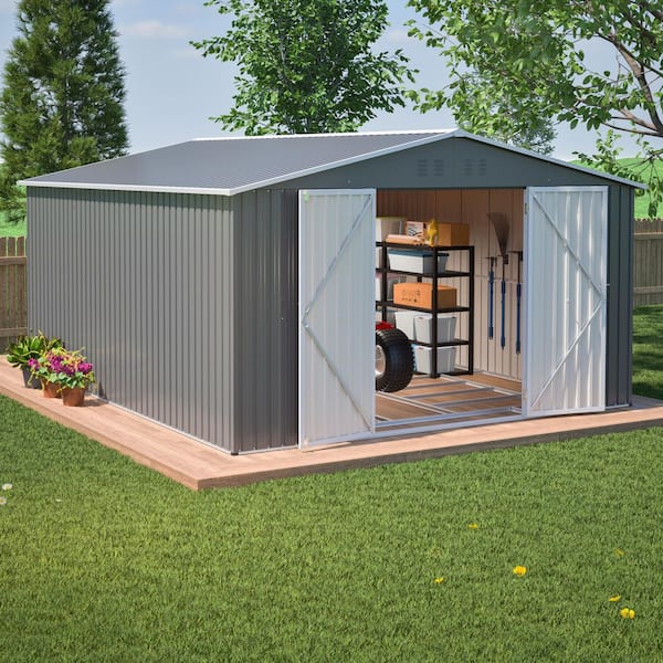 Hohuqeri 11 ft. W x 13 ft. D Gray Metal Storage Shed, Backyard