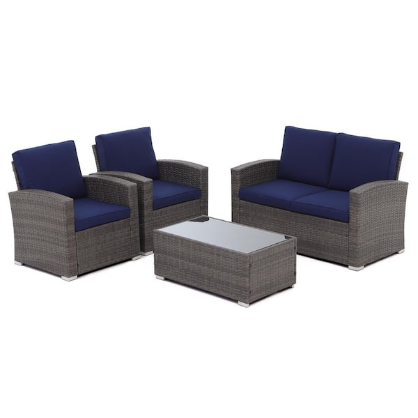 Freestyle 4-Piece Wicker Grey Outdoor Patio Conversation Set with Tempered-Glass Coffee Table, Navy Blue Cushion