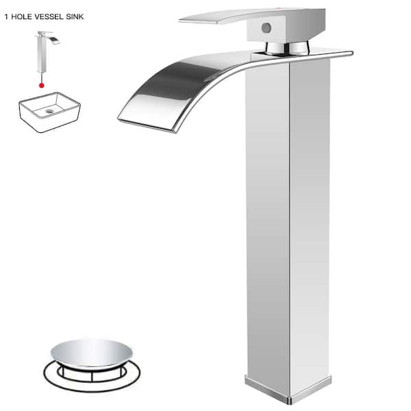 BWE Waterfall Single Hole Single Handle Tall Bathroom Vessel Sink Faucet With Supply Hose in Polished Chrome