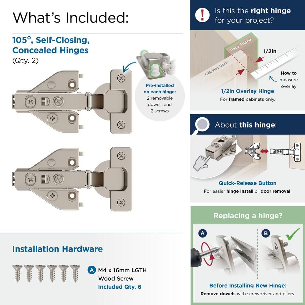 Nickel Full Overlay Self-Closing Euro Cabinet Hinge Pair