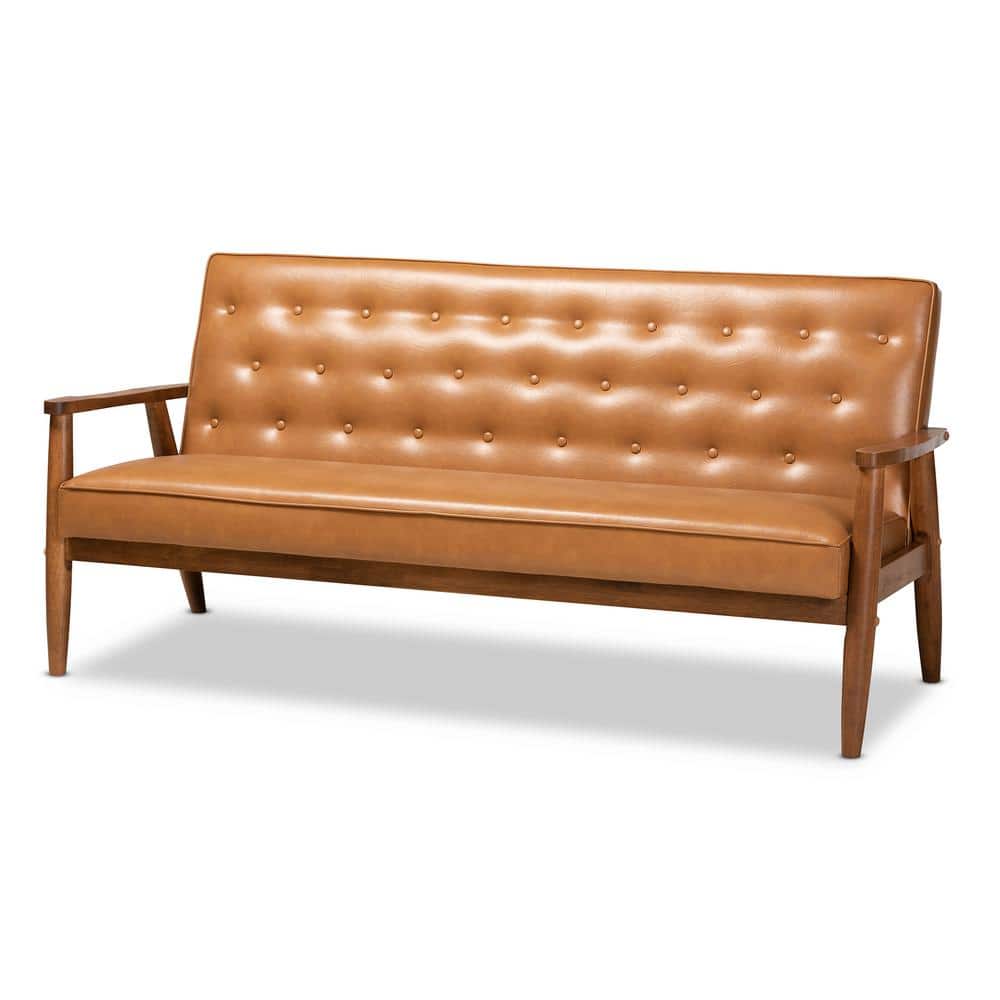Mid-Century Walnut Brown Tufted Faux Leather Sofa