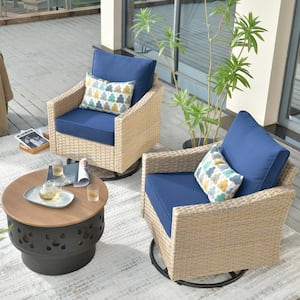 Oconee 3-Piece Wicker Patio Conversation Swivel Rocking Chair Set with a Wood-burning Fire Pit and Navy Blue Cushions