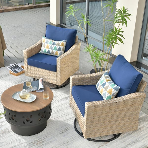 HOOOWOOO Oconee 3-Piece Wicker Patio Conversation Swivel Rocking Chair Set with a Wood-burning Fire Pit and Navy Blue Cushions