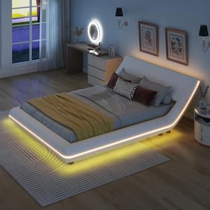 White Wood Frame Queen Size PU Leather Upholstered Platform Bed with LED Lights, Sloped Headboard