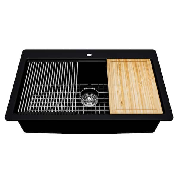 33 in. Drop-In Single Bowl Black Granite Composite Workstation Kitchen Sink with Accessories