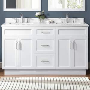 Lincoln 60 in. W x 22 in. D x 34 in. H Double Sink Bath Vanity in White with White Engineered Stone Top