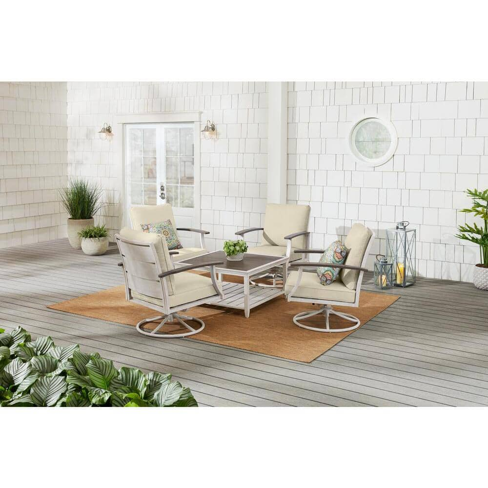 Hampton Bay Marina Point 5 Piece White Steel Motion Outdoor Patio Conversation Seating Set with CushionGuard Putty Cushions FM19 HD71 TAN The Home