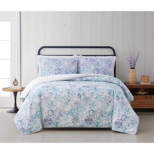 Cottage Classics Charlotte 3-Piece Blue Floral Cotton Full/Queen Comforter Set