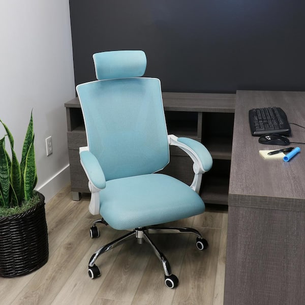 Elama Full Back Mesh Adjustable Height Office Chair in Blue and White Frame with Arms