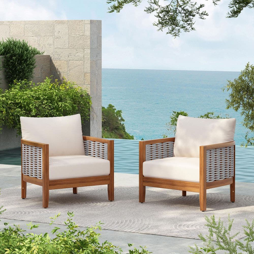 Tracy Patio Solid Wood and Rope Woven Outdoor Lounge Chairs with Beige Cushions, Teak Finish, Curved Back, Set of 2 price history on PriceWatchPro