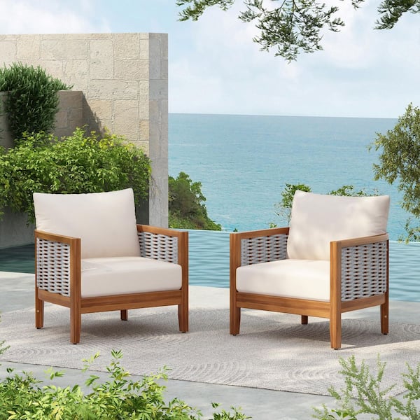 Tracy Patio Solid Wood and Rope Woven Outdoor Lounge Chairs with Beige Cushions, Teak Finish, Curved Back, Set of 2