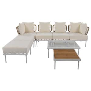 8-piece White Metal Outdoor Sectional Sofa Set with Glass Coffee Table and Wooden Coffee Table with Beige Cushions