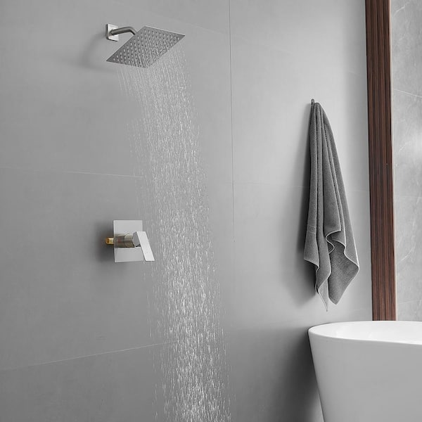 Single Handle 1-Spray Square Shower Faucet Set 2.5 GPM with High Pressure Shower Head in Brushed Nickel (Valve Included)
