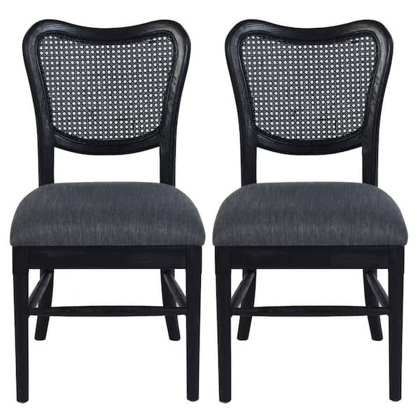 Homy Casa Eikki Black Fabric Upholstered Real Woven Rattan Back Side Dining Chairs( Set of 2)