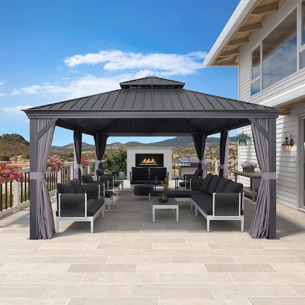 12 ft. x 24 ft. Gray Aluminum Power-Coated Frame Galvanized Steel Double Roof Hardtop Gazebo,Hooks,Netting, Gray Curtain